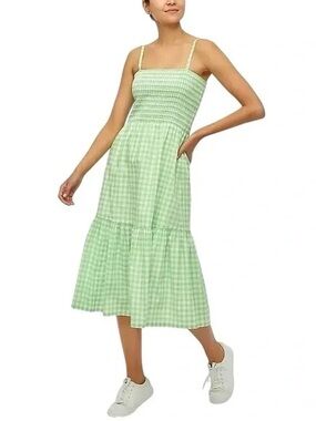 J. Crew Factory Dress Lime White Gingham Smocked Medium Summer Spaghetti Strap